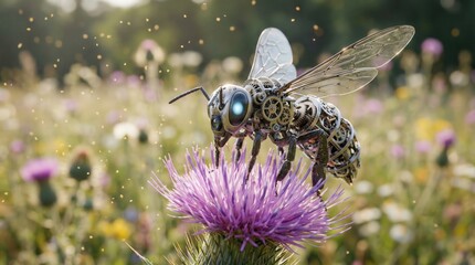 Cybernetic Bee on a Flower: A striking mechanical bee delicately gathers nectar from a vibrant purple flower in a sun-drenched meadow, highlighting the fusion of technology and nature