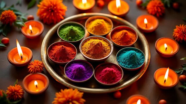 Vibrant multicolored holi powders arranged in small bowls on golden tray surrounded by lit oil lamps and marigold flowers on wooden surface top view, holi festival, diwali celebration