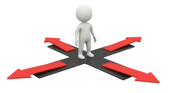 3d stick figure standing at a crossroads transparent background cutout png - Powered by Adobe