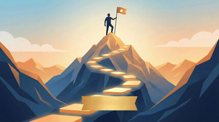 A person standing on a mountain peak holding a flag, with a winding staircase leading up to it, set against a backdrop of majestic mountains at sunrise.