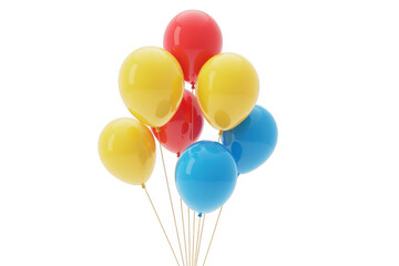 Colorful balloons on strings yellow blue isolated on a transparent background