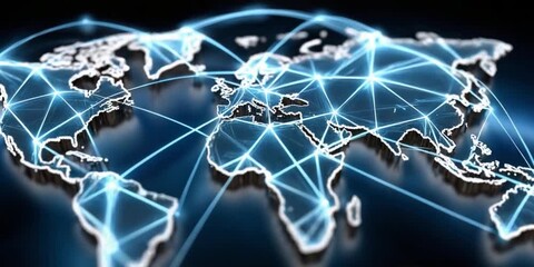 Global Connectivity: A luminous, interconnected network overlaying a map of the world, symbolizing global digital communication. - Powered by Adobe