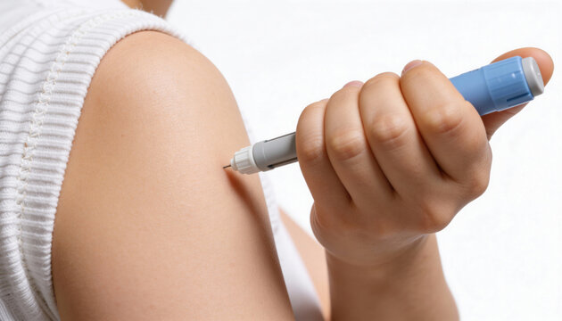 Woman self-administering semaglutide or  insulin injection into upper arm with semaglutide or  insulin pen