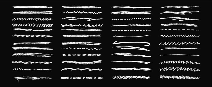 Hand drawn underline line bundle kit featuring chalk pencil, white brush or crayon stroke doodle effect with bold color texture creating abstract vector art accents for blackboard style design.