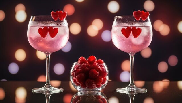 Elegant raspberry gin and tonics with fresh raspberries