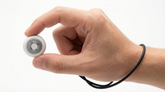Hand holding small round ai wearable device with coiled black cable against white