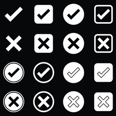 Check tick mark icon set. Cross box x check mark checkbox v list vector draw hand drawn sketch doodle brush marker checklist symbol wrong right circle. Yes or no checkmark icons. eps 10