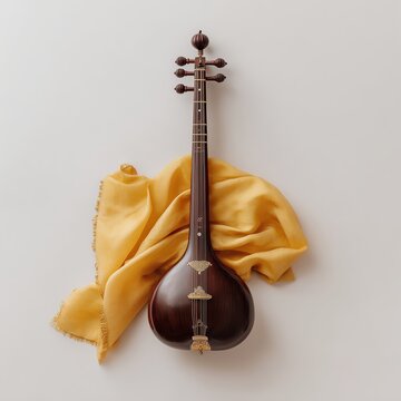 Veena instrument with yellow cloth on white background for Vasant Panchmi festival