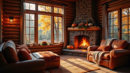Warm and inviting log cabin interior with a glowing fireplace and festive Thanksgiving decorations overlooking a fall forest.