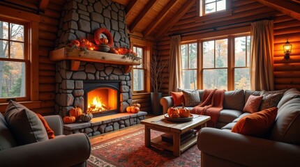 Warm and inviting log cabin interior with a glowing fireplace and festive Thanksgiving decorations overlooking a fall forest.
