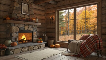 Warm and inviting log cabin interior with a glowing fireplace and festive Thanksgiving decorations overlooking a fall forest.
