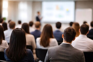 Fototapeta premium Modern Business Education Concept Featuring Seminar Audience at Corporate Presentation, Teamwork and Leadership with Attending Business Training, professional meeting environment with blurred speaker