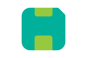 Save Icon - Diskette save icon in Teal and Lime Green for data storage, downloading, and file backup in a modern flat style for software interface design, isolated on transparent background.