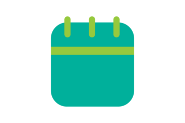 Calendar Icon - Date and schedule calendar icon in Teal and Lime Green for event planning, appointments, and time management in a flat interface design, isolated on transparent background.