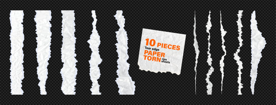 White torn crumpled paper texture vector kit. Jagged rip effect on sheet, clean edge line, blank page piece. Ideal for banners, dividers and handout elements. Clipart kit on like transparent png bg