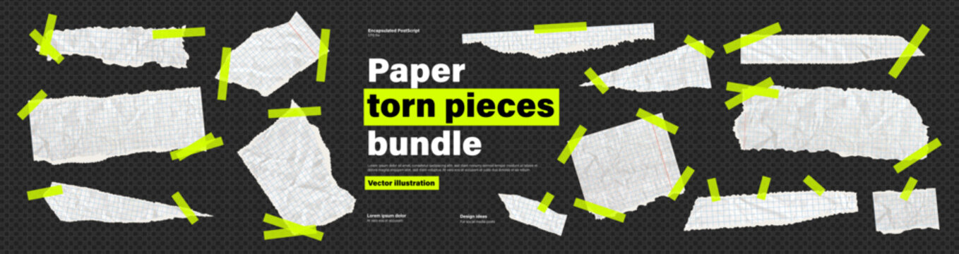 Bundle of rip paper glued to a piece of sticky tape or acid green scotch tape. Set of torn white cardboard sheets. Vector kit on like transparent png bg for scrapbook or collage projects.