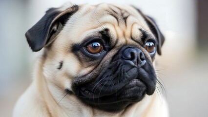 Cute pug dog close up portrait.