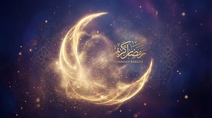 Ramadan Kareem crescent moon with golden sparkles and Arabic calligraphy