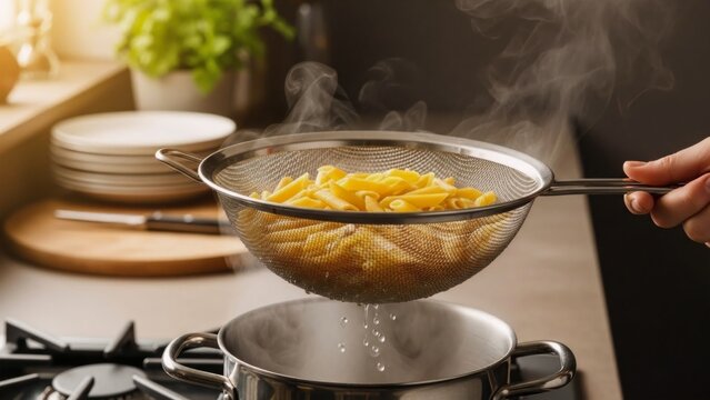 Sieve with pasta on pot in kitchen, closeup