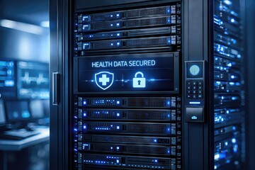 Advanced healthcare data security system featuring biometric access control and encrypted digital storage technology for robust patient information protection and privacy assurance