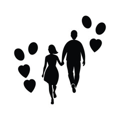 Valentine's Day silhouette vector illustration of a couple walking with heart balloons for a romantic park date and anniversary celebration themes