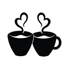 Valentine's Day silhouette vector illustration of two coffee cups with heart-shaped steam for morning love and breakfast date themes
