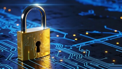 Golden padlock resting on a complex circuit board representing digital security and data protection concepts