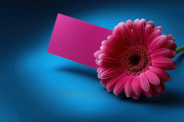 Flower with bright pink note on blue background