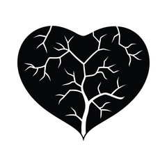 Valentine's Day silhouette vector illustration of a heart with internal branching veins for anatomical and organic love network concepts