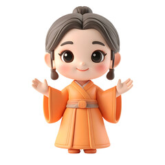 Cute 3d Chibi Girl Character in Orange Traditional Robe with Open Hands