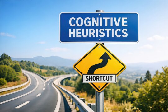 Thoughtful exploration of cognitive heuristics and shortcuts on winding road represented through directional signs in a serene landscape showcasing the intersection of psychology and