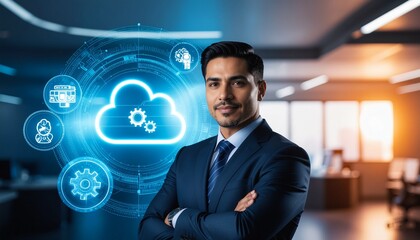 Confident businessman standing in modern office with cloud computing icons