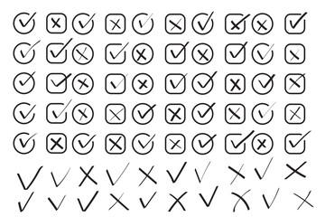 Check tick mark icon set. Cross box x check mark checkbox v list vector draw hand drawn brush marker checklist symbol wrong right Square Boxes. Vector Illustration