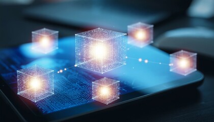 Glowing digital cubes on tablet screen in modern workspace