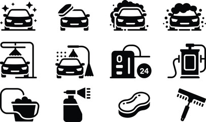 Car wash and auto detailing solid icon set featuring cleaning services, washing equipment, foam, brushes, fuel station, and professional vehicle maintenance symbols © Creative Vector
