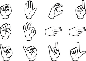 Hand gesture line icon set showing fingers, signals, and symbolic movements for communication, sign language concepts, user interface elements, and instructional design isolated on white background