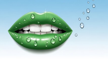 Fototapeta premium Green lips with water droplets and white teeth on blue background