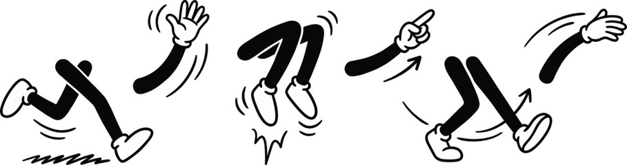 Obraz premium Funny stick figure motion icons set showing running jumping pointing waving cartoon limbs dynamic movement poses for animation illustration design projects marketing ui