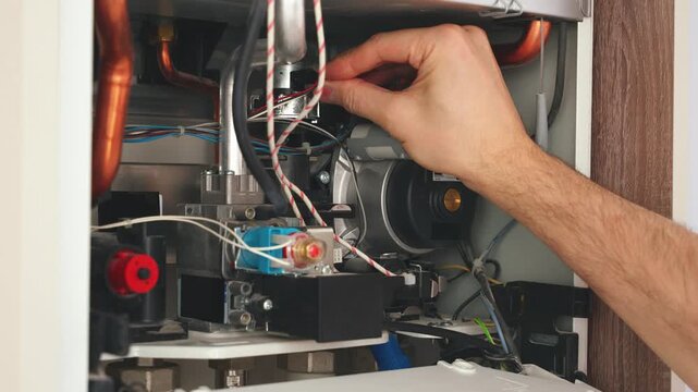 male hands boiler maintenance engineer troubleshooting malfunction during operation. job technician checks heating system wire contacts on disassembled unit. man mechanic repairman repairs appliance