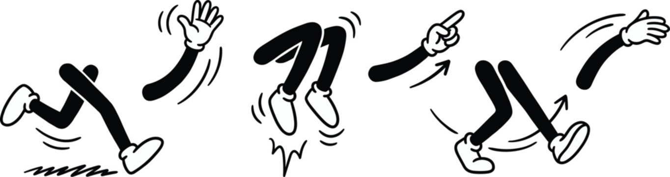 Funny stick figure motion icons set showing running jumping pointing waving cartoon limbs dynamic movement poses for animation illustration design projects marketing ui
