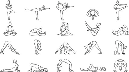 Minimal yoga pose line art icons collection featuring female figures in various asanas for fitness, meditation, wellness design, mobile apps, posters, and healthy lifestyle branding