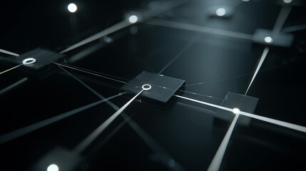 Complex network of interconnected IT and technology nodes and pathways viewed from above in a dark environment