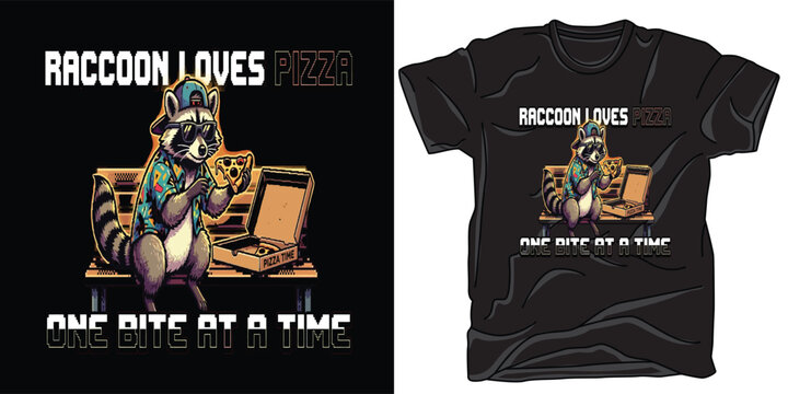 Raccoon loves pizza one bite at a time t-shirt design, animal with sunglasses eating snack