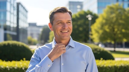 Man adjusting collar in urban park