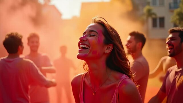 Joyful young woman laughing with face covered in vibrant powder outdoor, holi celebration with blurred crowd