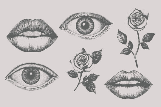 Retro Trendy mouth, lips eyes and rose set vector illustration. Elements in stipple halftone grunge punk doodle scribbles collection. Eps 10
