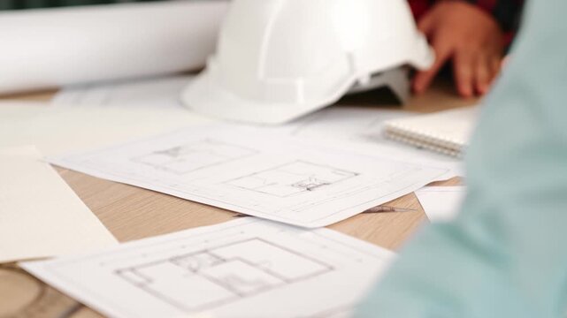 Architect and safety engineer discussion about building blueprint displaying on laptop on table with architectural document and wooden block scatter around at modern office. Closeup. Delineation.
