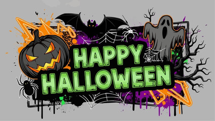 Vibrant Halloween celebration with spooky decorations and greetings
