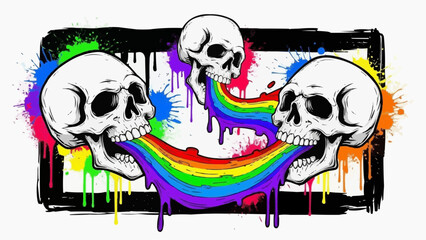 Vibrant skulls with rainbow graffiti in modern street art style