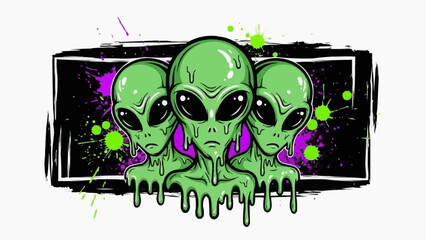 Three green aliens with dripping goo in a graffiti style